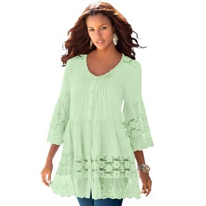 Roaman's Women's Plus Size Illusion Lace Big Shirt - 1 of 4