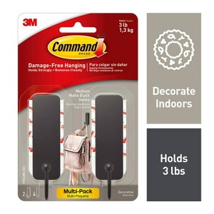 Command 2pk Wire Decorative Hooks Black: Matte Wall & Towel Hook, Heavy Duty, 3 lb Capacity - 1 of 4