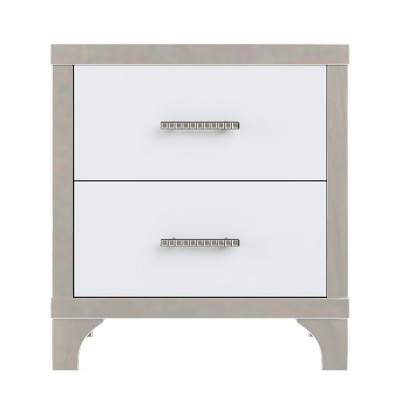 VYNXARIA Sleek White High Gloss Nightstand with Mirrored Finish and Metal Handles - 2-Drawer Elegance for Bedroom & Living Room