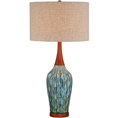 360 Lighting Mid Century Modern Table Lamp Ceramic Blue Teal Glaze Wood Handmade Linen Drum Shade for Living Room Family Bedroom