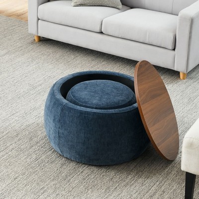 NicBex Round Foam Storage Ottoman Bench,Upholstered Storage Ottoman with Small Seat,Modern Storage Bench for Living Room,Bedroom,Dark Blue