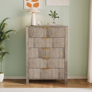 Fluted 5 Drawer Dresser For Bedroom, 44" Tall Slim Nightstand for Small Spaces, Wooden Chest of Drawers, Storage Organizer for Living Room - 1 of 4