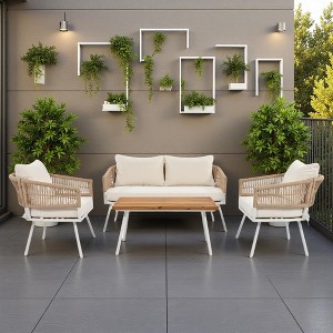 4-Piece Outdoor Patio Rope Conversation Sofa Set with Acacia Wood Cool Bar Table and 2 Armchairs - 1 of 4