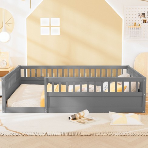 NicBex Kids Montessori Bed with Fence,Wood Floor Bed with High Guardrails Design,Twin/Full Size Toddler bed for Bedroom Playroom,White/Gray/Brown - image 1 of 4