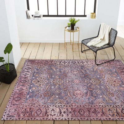 Gray and Plum Persian Floral Machine-Washable 4' x 6' Area Rug