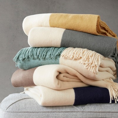 Yellow and Ivory Wool Color Block Throw Blanket with Fringe