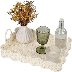 BRINJOY Scalloped Edge Rectangular Tray - 15.75"x11.5"x2.25" White Woven Tray with Handles for Coffee Table Decor - 1 of 4