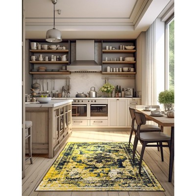 Navy Blue and Yellow Synthetic Low Pile Area Rug