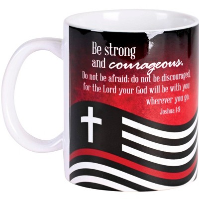 Dicksons MUG-1190 Firefighter Strong And Courageous Black and Red Christian Flag 11 Ounces Ceramic Tea Coffee Cup Mug