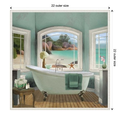 Serene Coastal Bath Scene Canvas Art with White Frame