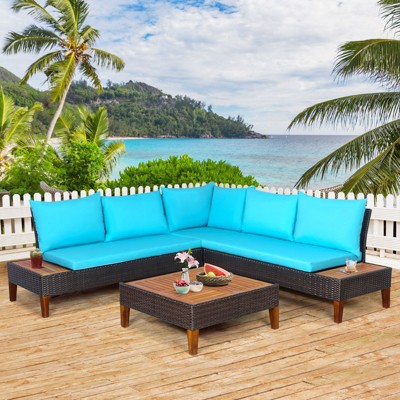 Costway 4PCS Patio Rattan Furniture Set Loveseat w/Wooden Side Table Cushioned Turquoise