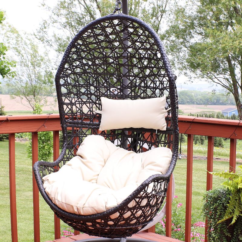 Sunnydaze Outdoor Resin Wicker Patio Cordelia Hanging Basket Egg Chair Swing with Cushion and Headrest - 2pc, 3 of 11