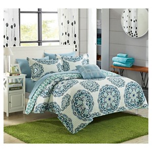 8pc Queen Miranda Printed Medallion Reversible with Geometric Printed Backing Quilt Set Green - Chic Home Design, Size: Full/Queen