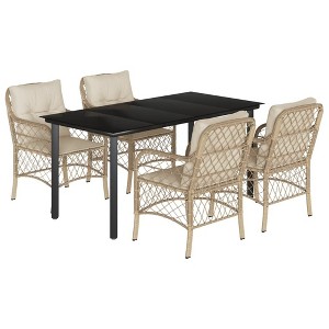 vidaXL - 5 Piece Patio Dining Set with Cushions - Beige Poly Rattan - Rectangular Tempered Glass Table - PE Rattan Chairs - 1 of 4