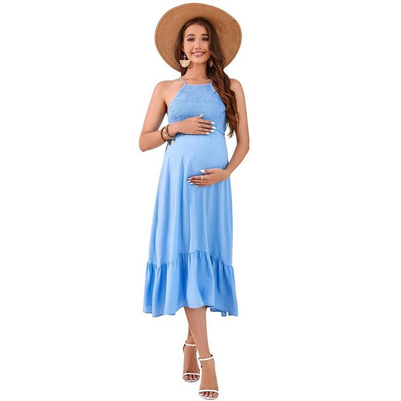 Maternity Halter Neck Dress Sleeveless Summer Casual Smocked Spaghetti Strap Maxi Dress Photoshoot Baby Shower, 1 of 9