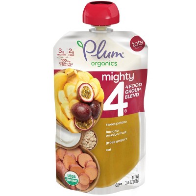 Plum Organics Mighty 4 Sweet Potato Banana Passionfruit & Greek Yogurt & Oat Baby Food Pouch - 3.75oz