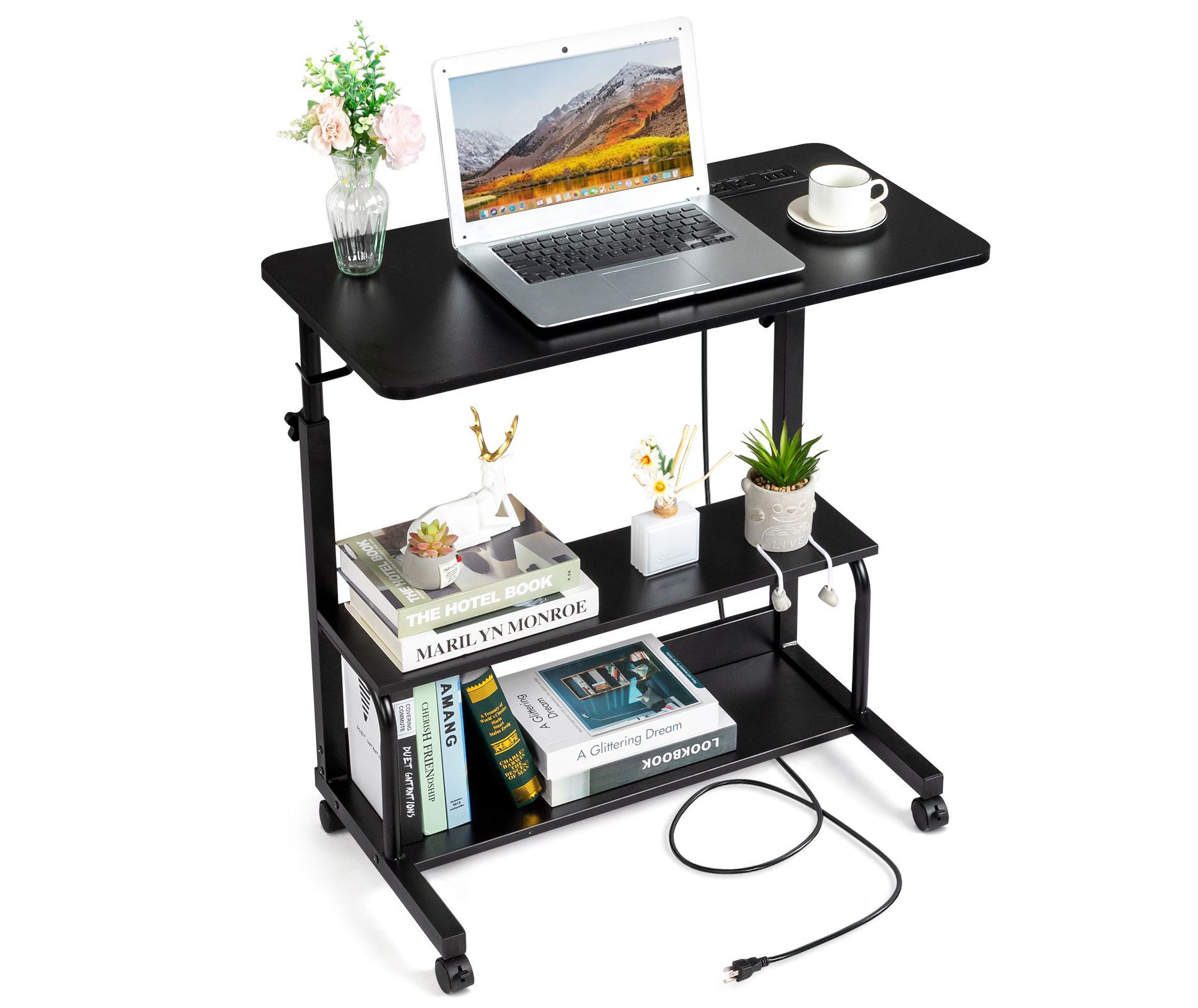 Karl Home Rolling & Height Adjustable Computer Desk Laptop Table Side Table End Table with with Charging Station, 2 USB Ports