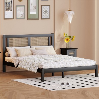 Queen Bed Frame, Wooden Platform Bed With Natural Rattan Headboard, Modern Minimalist Bed Frame With 12 Slats For Bedroom, Easy Assembly