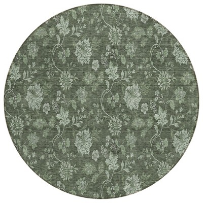 Olive Green And Artichoke Green Floral Washable Indoor Outdoor Area Rug