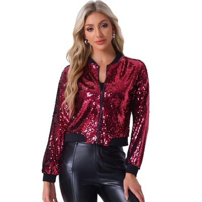INSPIRE CHIC Women's Party Sequin Sparkle Long Sleeve Cropped Length Zipper Bomber Jacket