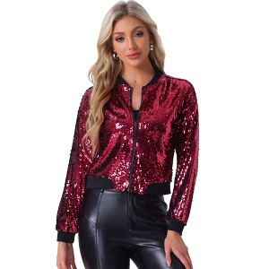 INSPIRE CHIC Women's Party Sequin Sparkle Long Sleeve Cropped Length Zipper Bomber Jacket - 1 of 4