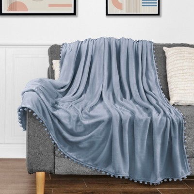 Cozy Dusty Blue Fleece Twin Throw with Pom Pom Fringe