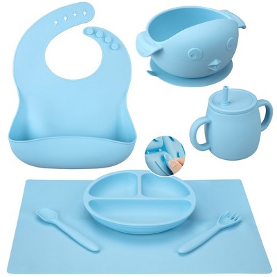 Image of WhizMax Silicone Baby Feeding Set, 7 Pcs Baby Led Weaning Supplies Self Feeding Utensils,Bib Spoon Bowl Placemat, Blue