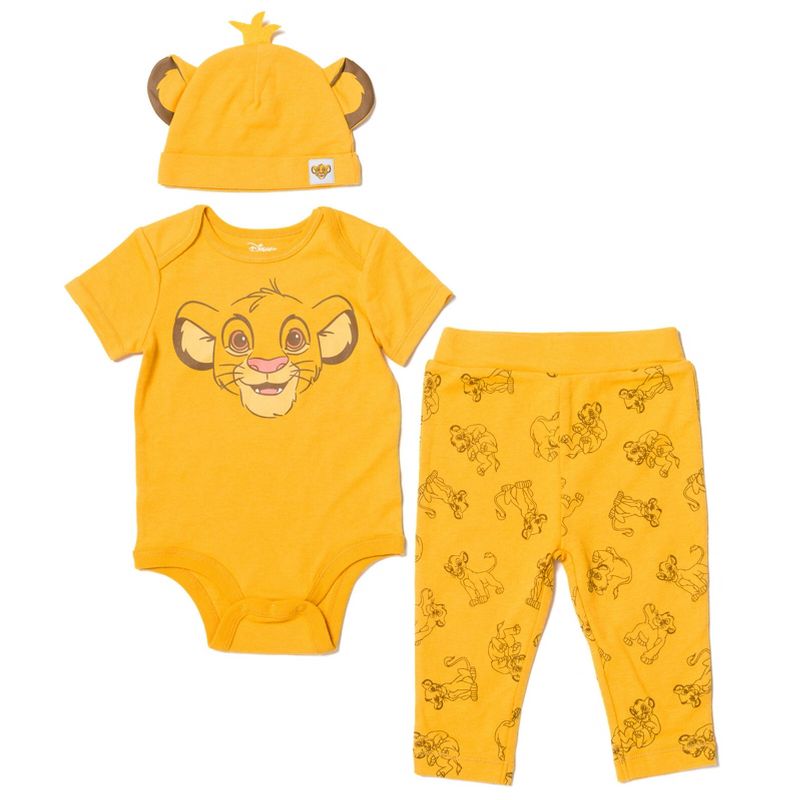 Disney Classics Winnie the Pooh Lion King Bambi Baby Bodysuit Pants and Hat 3 Piece Outfit Set Newborn to Infant, 1 of 9