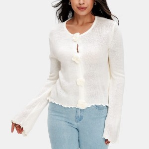 Knit & Lounge Women’s White Knit Cardigan Long Sleeve Floral Button Front Soft Lightweight Sweater Lettuce Hem - 1 of 4
