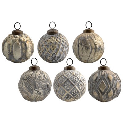 AuldHome Design Farmhouse Ball Christmas Ornaments, 6pc Set; Distressed Metal Ball Vintage Mercury Glass Style Rustic Holiday Decorations