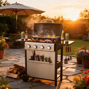 BAOURE 4-Burner Propane Gas BBQ Grill, 34,200 BTU Outdoor Barbecue with Dual Foldable Side Tables & Stainless Steel Warming Rack - 1 of 4