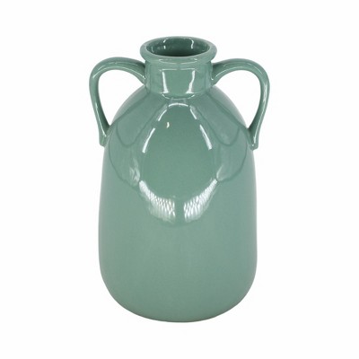 Dark Sage Ceramic Vase with Dual Handles, 10"