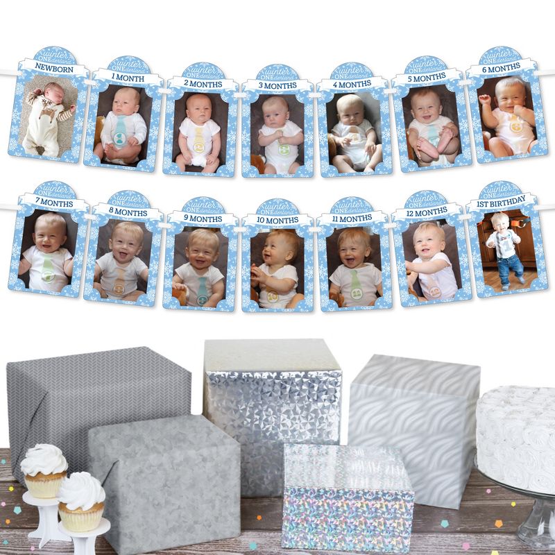 Big Dot of Happiness Blue Snowflakes 1st Birthday - DIY Boy Winter ONEderland Party Decor - 1-12 Monthly Picture Display - Photo Banner, 2 of 9