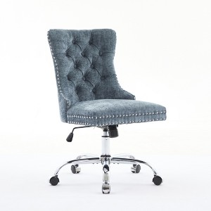 Gulches Light Blue Chenille Tufted Button Chrome Base Adjustable Swivel Office Chair Set of 1 Wide Seat Triple Elastic Cushion Modern Chair - 1 of 4