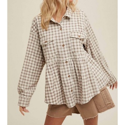 Women's Plaid Peplum Button Up Shirt - WISHLIST