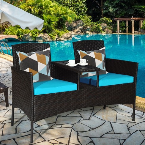 Costway Patio Rattan Conversation Set Loveseat Sofa Cushioned Coffee Table Turquoise