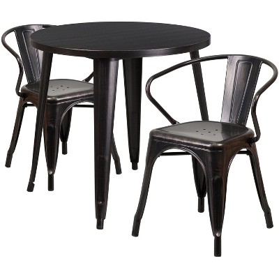 Emma and Oliver Commercial Grade 30" Round Black-Antique Gold Metal Table Set-2 Arm Chairs