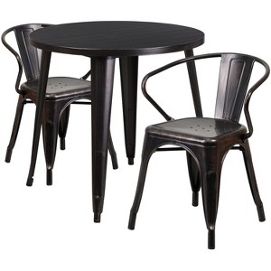 Emma and Oliver Commercial Grade 30" Round Black-Antique Gold Metal Table Set-2 Arm Chairs - 1 of 4