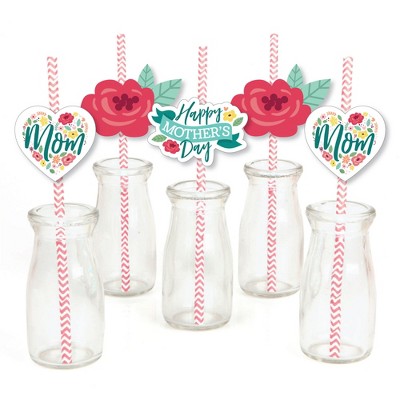 Big Dot of Happiness Colorful Floral Happy Mother's Day - Paper Straw Decor - We Love Mom Party Striped Decorative Straws - Set of 24