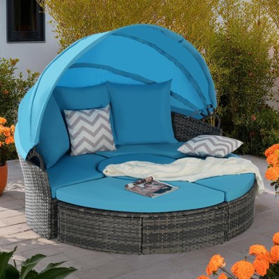 5 Pieces Outdoor Patio Rattan Round Daybed Sunbed with Retractable Canopy and Removable Cushions