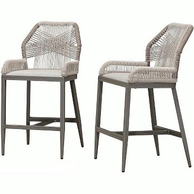 PURPLE LEAF 2 Pieces Bar Stools Patio Modern Rattan Barstools Aluminum Woven Tall Bar Chairs with Cushions for Outdoor Kitchen Island Garden