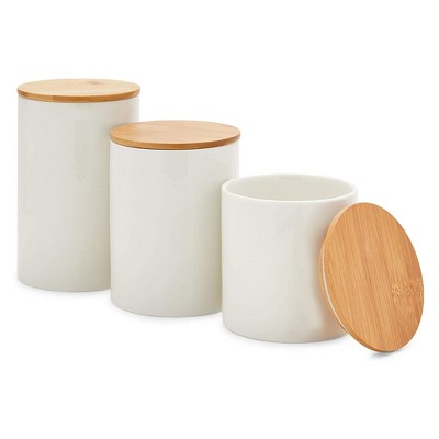 Farmlyn Creek Set Of 3 White Ceramic Canisters With Wooden Bamboo Lids ...