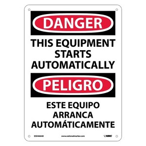 National Marker Danger Signs; This Equipment Starts Automatically Bilingual 14X10 .040 Aluminum - 1 of 1