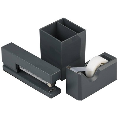 JAM Paper Stapler, Tape Dispenser & Pen Holder Desk Set Gray