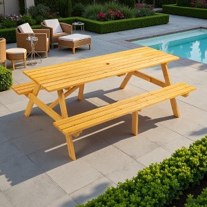 8-Person Outdoor Patio Wood Rectangular Picnic Dining Set with 2 Built-in Benches and Umbrella Hole - 1 of 4