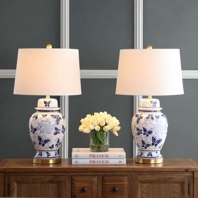 Hana Blue and White Ceramic Table Lamp Set with Cotton Shade