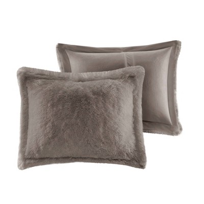 Gray Shaggy Faux Fur Twin Bedspread Cover Set