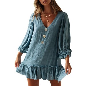 Womens Ruffle Peasant Dress V Neck 3/4 Sleeve Front Button Flowy Dress Beach Sundress Linen A Line Summer Mini Dress Babydoll Dress - 1 of 4