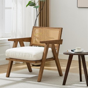 Comfortable Mid Century Modern Accent Chair, Rattan Backrest & Thick Linen Cushion, Wood Frame, Upholstered Living Room Chairs - 1 of 4