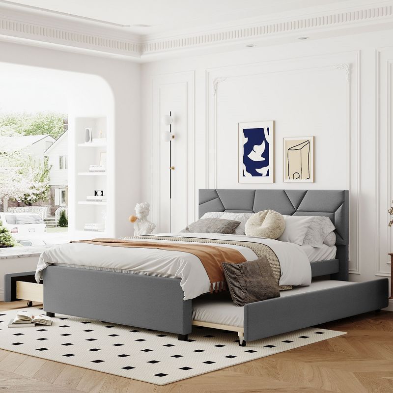 Upholstered Platform Bed with Brick Pattern Headboard, Trundle Bed and 2 drawers-ModernLuxe, 1 of 15